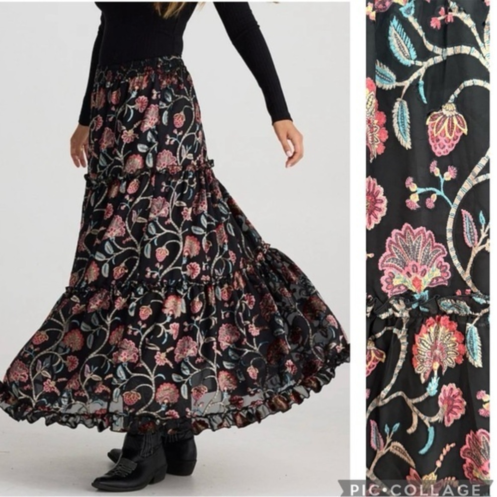 Talisman Black Floral Velvet Embroidered Mantra Tiered Maxi Skirt